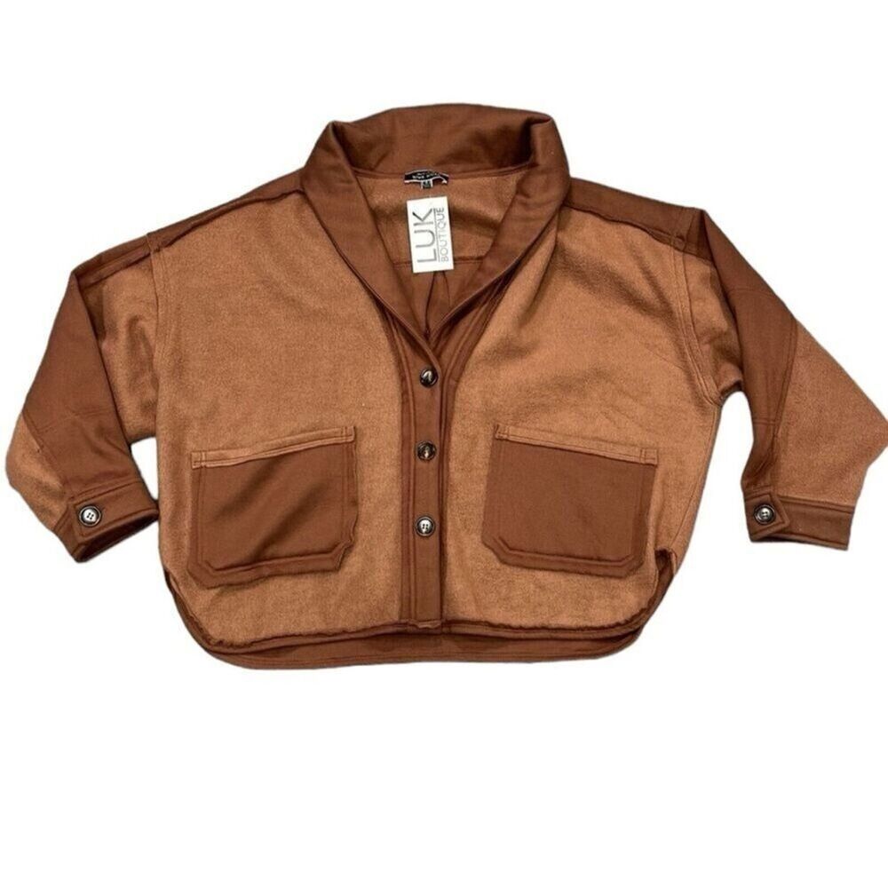 Blue Blush Oversized Fleece Jacket Brown NWT Boxy Size Small Exposed Seams